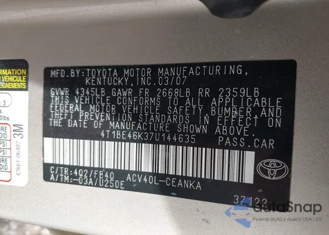 2007 Toyota Camry Le z USA, uszkodzony, nr VIN 4T1BE46K37U144635